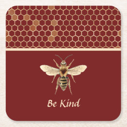 Be Kind Bee and Honeycomb on Burgundy Square Paper Coaster