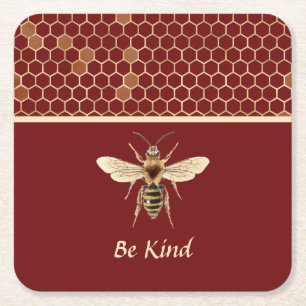 Be Kind Bee and Honeycomb on Burgundy Square Paper Coaster