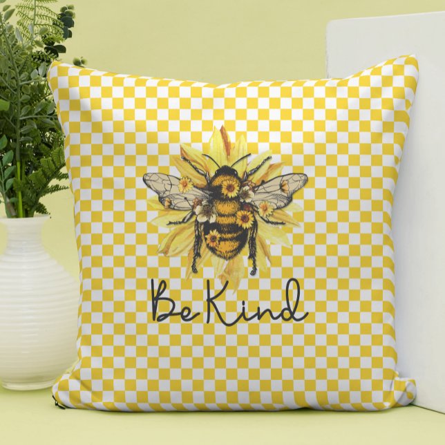 Be Kind Bee & Yellow Chequerboard Cushion (Creator Uploaded)