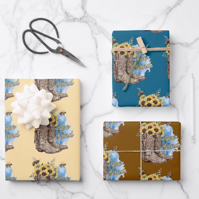 Be Kind Bees Western Cowgirl Boots Gift Wrap Paper (Front)
