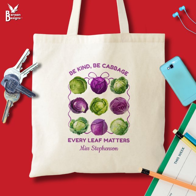 BE KIND CABBAGE Personalized Inclusive Teacher Tote Bag (BE KIND, BE CABBAGE Inclusive Class Teacher Personalized Tote Bag)