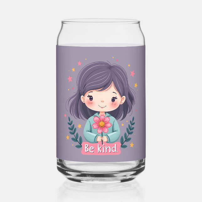 Be Kind Cute Girl with Flower Positive Art Can Glass (Front)