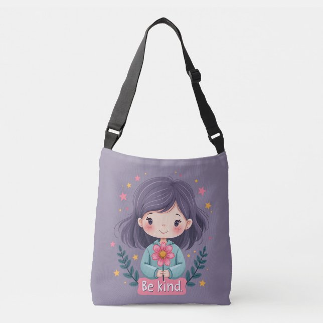 Be Kind Cute Girl with Flower Positive Art Crossbody Bag (Front)