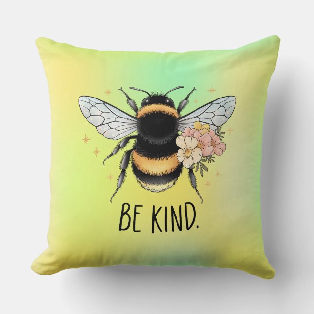 Be Kind Floral Cute Bee Inspirational Design Cushion (Front)