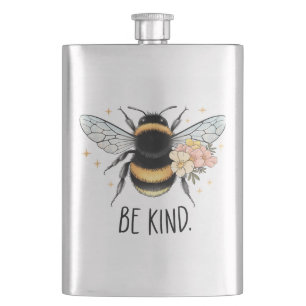 Be Kind Floral Cute Bee Inspirational Design Hip Flask