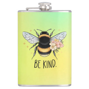 Be Kind Floral Cute Bee Inspirational Design Hip Flask
