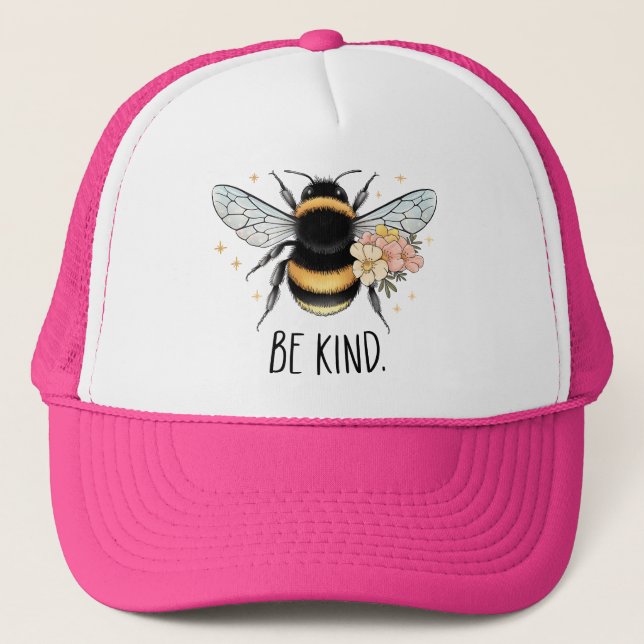 Be Kind Floral Cute Bee Inspirational Design Trucker Hat (Front)