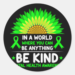 Be Kind Green Ribbon Sunflower Mental Health Aware Classic Round Sticker
