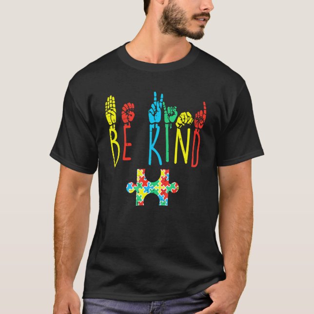 Be Kind Hand Sign Language Puzzle Autism Awareness T-Shirt (Front)