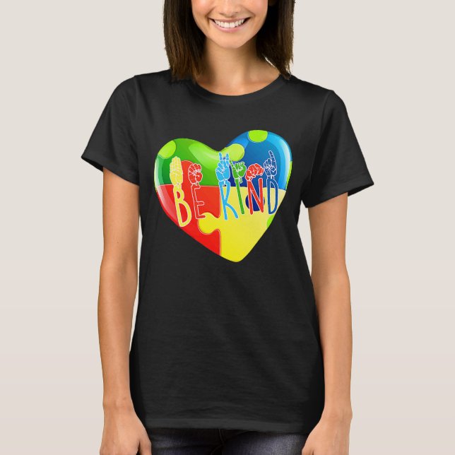 Be Kind Hand Sign Language Puzzle Autism Awareness T-Shirt (Front)