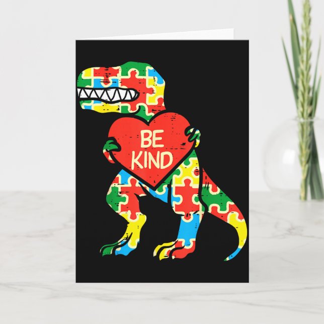 Be Kind Heart Puzzle Trex Dinosaur Autism Awarenes Card (Front)
