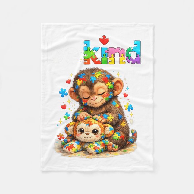Be Kind Punch Monkey Colourful Puzzle Autism Fleece Blanket (Front)