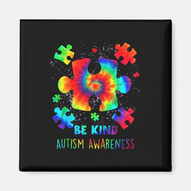 Be Kind Puzzle Pieces Tie Dye Autism Awareness  Magnet (Front)