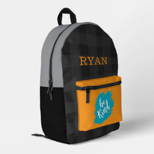 Be Kind Quote Mustard Yellow Blue Splash Monogram Printed Backpack