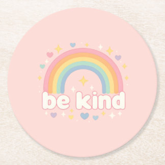 Be Kind – Rainbow Pastel Positivity Round Paper Coaster