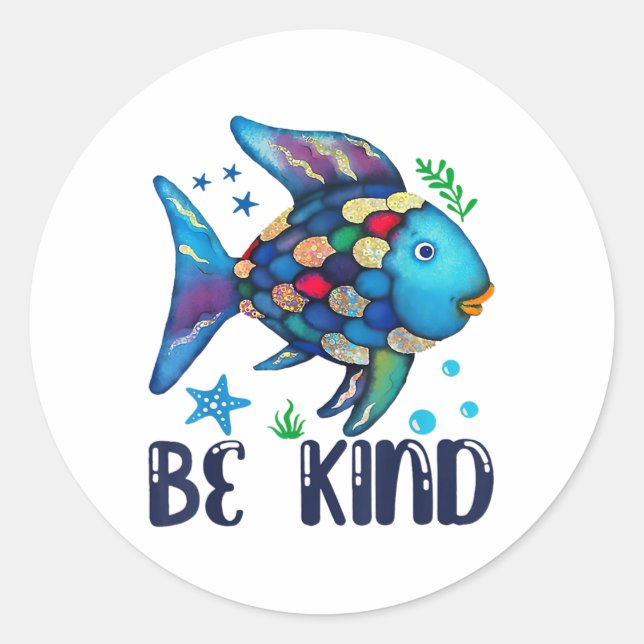 Be Kind Rainbow Scale Fish Teacher Reading Book To Classic Round Sticker (Front)