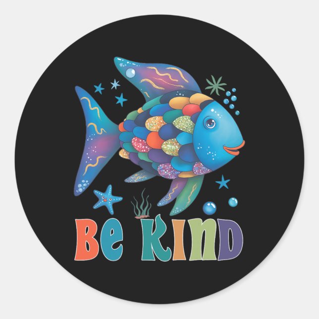 Be Kind Rainbow Scale Fish Teacher Reading Book To Classic Round Sticker (Front)