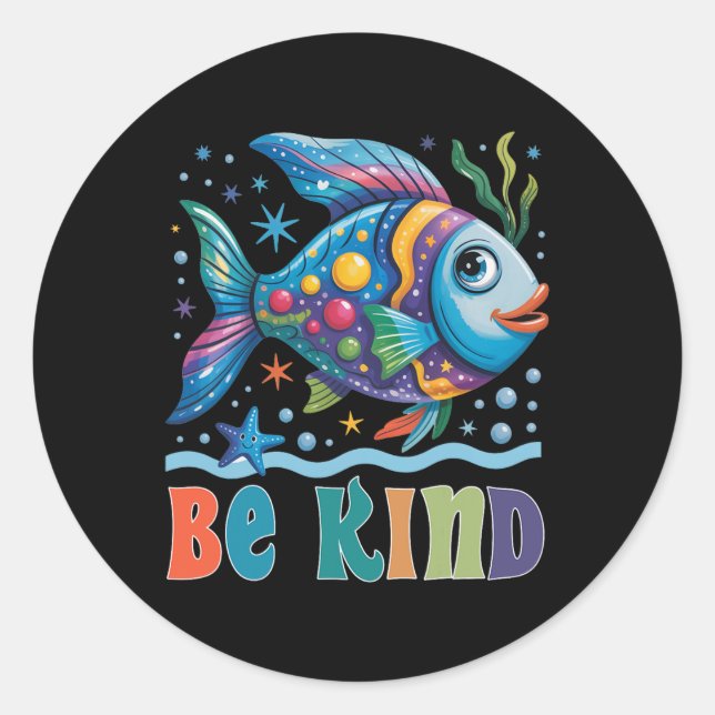 Be Kind Rainbow Scale Fish Teacher Reading Book To Classic Round Sticker (Front)
