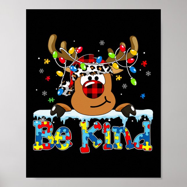Be Kind Reindeer Red Plaid Puzzle Autism Awareness Poster (Front)