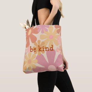 Be Kind Retro Floral Motivational Typography Tote Bag