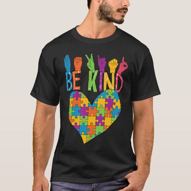 Be Kind Sign Language Heart Puzzle Piece Teachers  T-Shirt (Front)