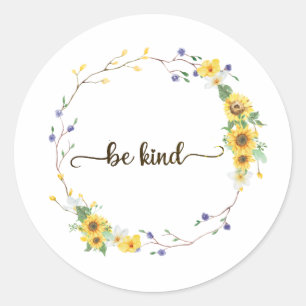 Be Kind, Sunflower Floral Botanical Wreath  Classic Round Sticker