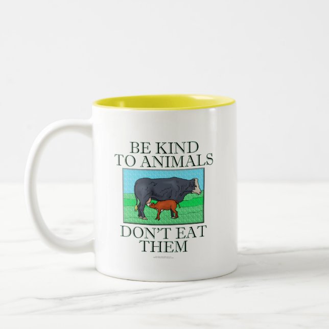 Be kind to animals. Don't eat them. (mug) Two-Tone Coffee Mug (Left)