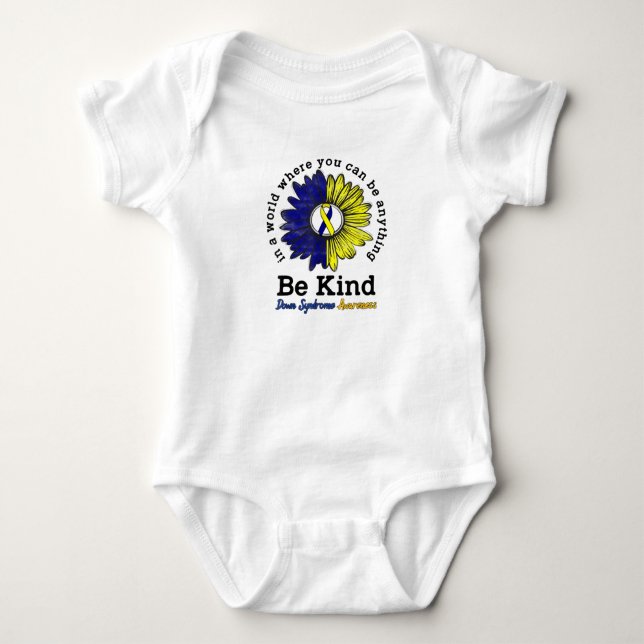 Be Kind World Down Syndrome Day Awareness Ribbon Baby Bodysuit (Front)