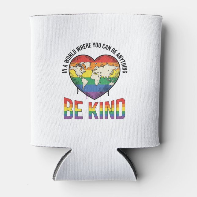 Be Kind World Heart Rainbow Vector T-Shirt Design_ Can Cooler (Front)