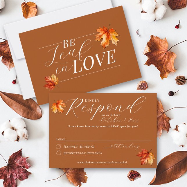 Be Leaf In Love Fall Leaves Burnt Orange Wedding RSVP Card (Elegant Be Leaf in Love BeLeaf watercolor fall leaves Autumn wedding invitation fun formal rsvp card)