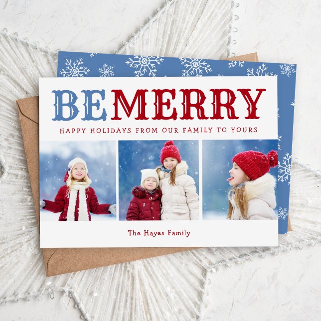 Be Merry | 3 Photo Collage Editable Colours Flat Holiday Card (Creator Uploaded)
