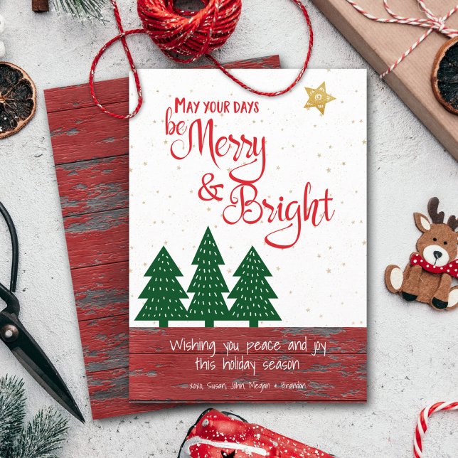 Be Merry and Bright Gold Star Tree Red Rustic Wood Holiday Card (Creator Uploaded)