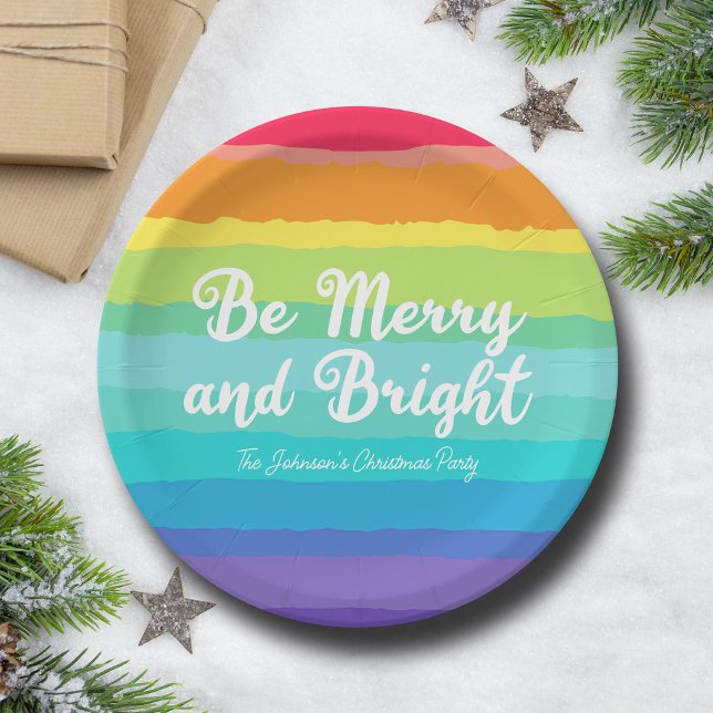 Be Merry and Bright Rainbow Custom Christmas Party Paper Plate (Creator Uploaded)