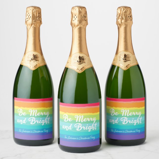 Be Merry and Bright Rainbow Custom Christmas Party Sparkling Wine Label (Bottles)