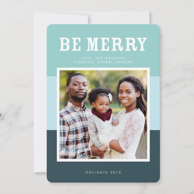 Be Merry | Blue Modern Colour Block Photo Holiday Card (Front)