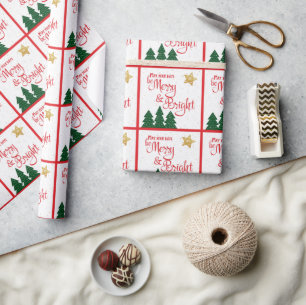 “Be Merry & Bright” Quote with Trees & Gold Stars Wrapping Paper