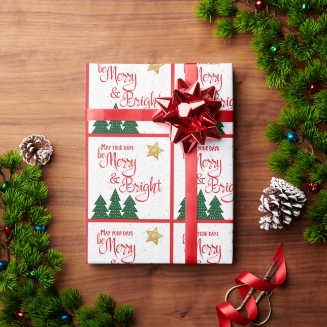 “Be Merry & Bright” Quote with Trees & Gold Stars Wrapping Paper (Holiday Gift)