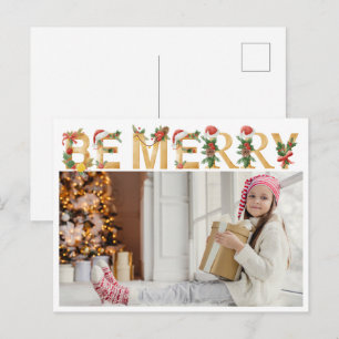 Be Merry Christmas Chic Gold Letters Family Photo Holiday Postcard