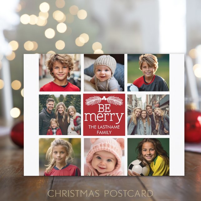 Be Merry Christmas Collage Photos with Red White Holiday Postcard (Christmas Postcard with Photos)
