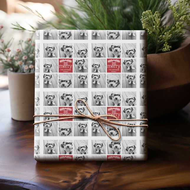 Be Merry Christmas Collage Photos with Red White Wrapping Paper (Personalized Photo Wrapping Paper)