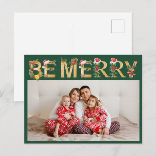 Be Merry Christmas Green Gold Letters Family Photo Holiday Postcard