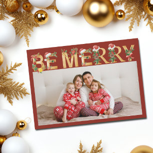 Be Merry Christmas Red Gold Letters Family Photo Holiday Card