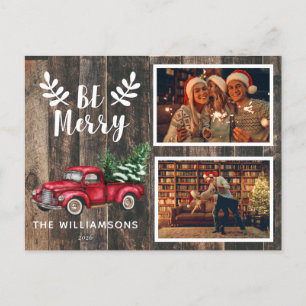 Be Merry Christmas Vintage Red Truck Two Photo  Holiday Postcard