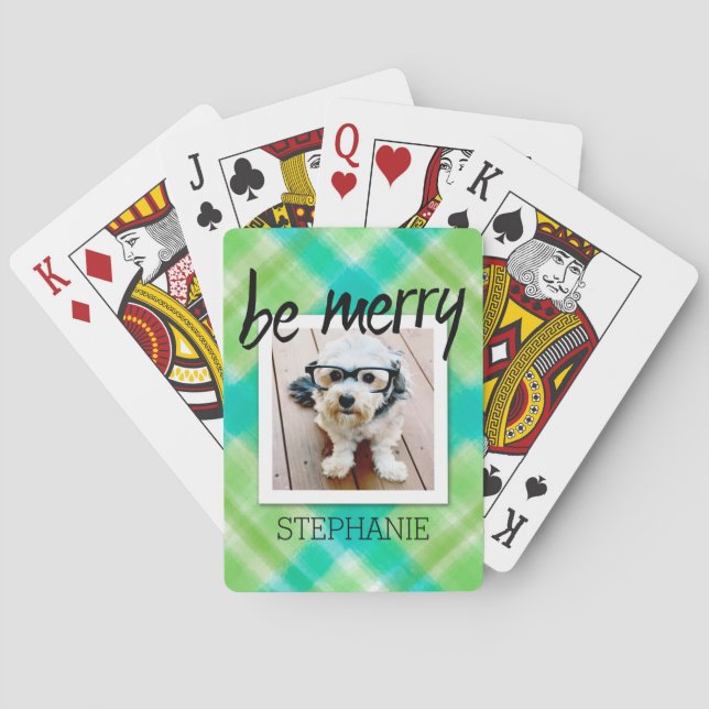 Be Merry Colourful Modern Watercolor Holiday Photo Playing Cards (Back)