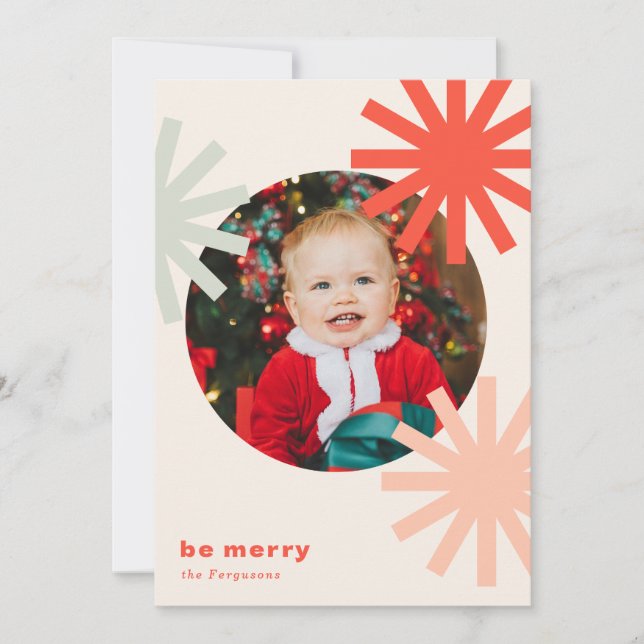 Be Merry Fun Red White Pink Pompoms Holiday Card (Front)
