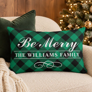 Be Merry Green Buffalo Plaid Family Monogram Lumbar Cushion