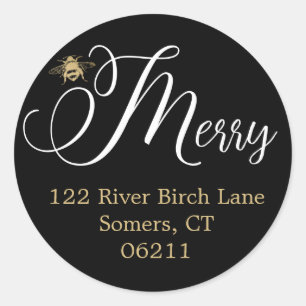 Be Merry Holiday Address Seal, Black & Gold Classic Round Sticker