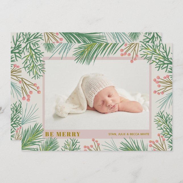 Be Merry Holiday Photo Birth Announcements (Front/Back)