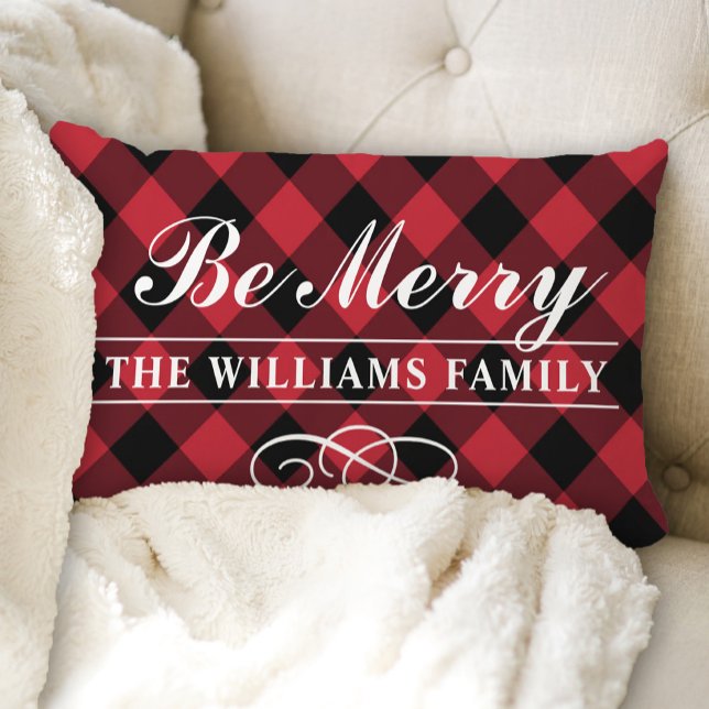 Be Merry Modern Red Buffalo Plaid Family Monogram Lumbar Cushion (Creator Uploaded)
