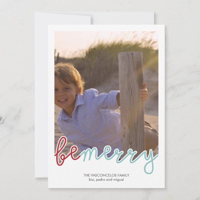 Be Merry Photo Christmas Holiday Wishes Red Blue Card (Front)